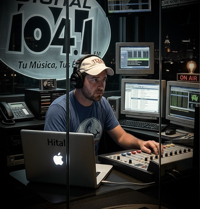 Frank Flores al aire en una estación de radio, con audífonos frente a la consola